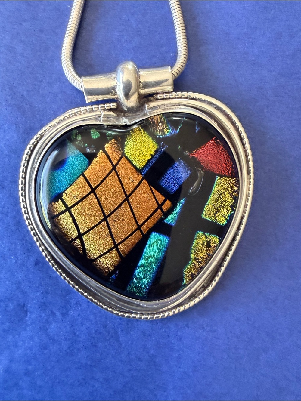 Sterling silver Necklace with Multicolor Dichroic Glass Vintage artisan👏